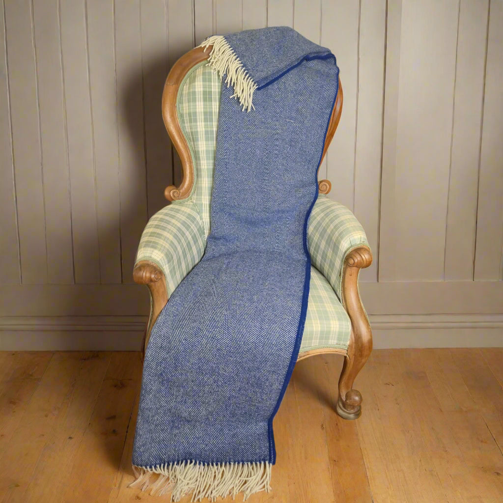 Pure Wool Throw Blanket | Herringbone | Indigo