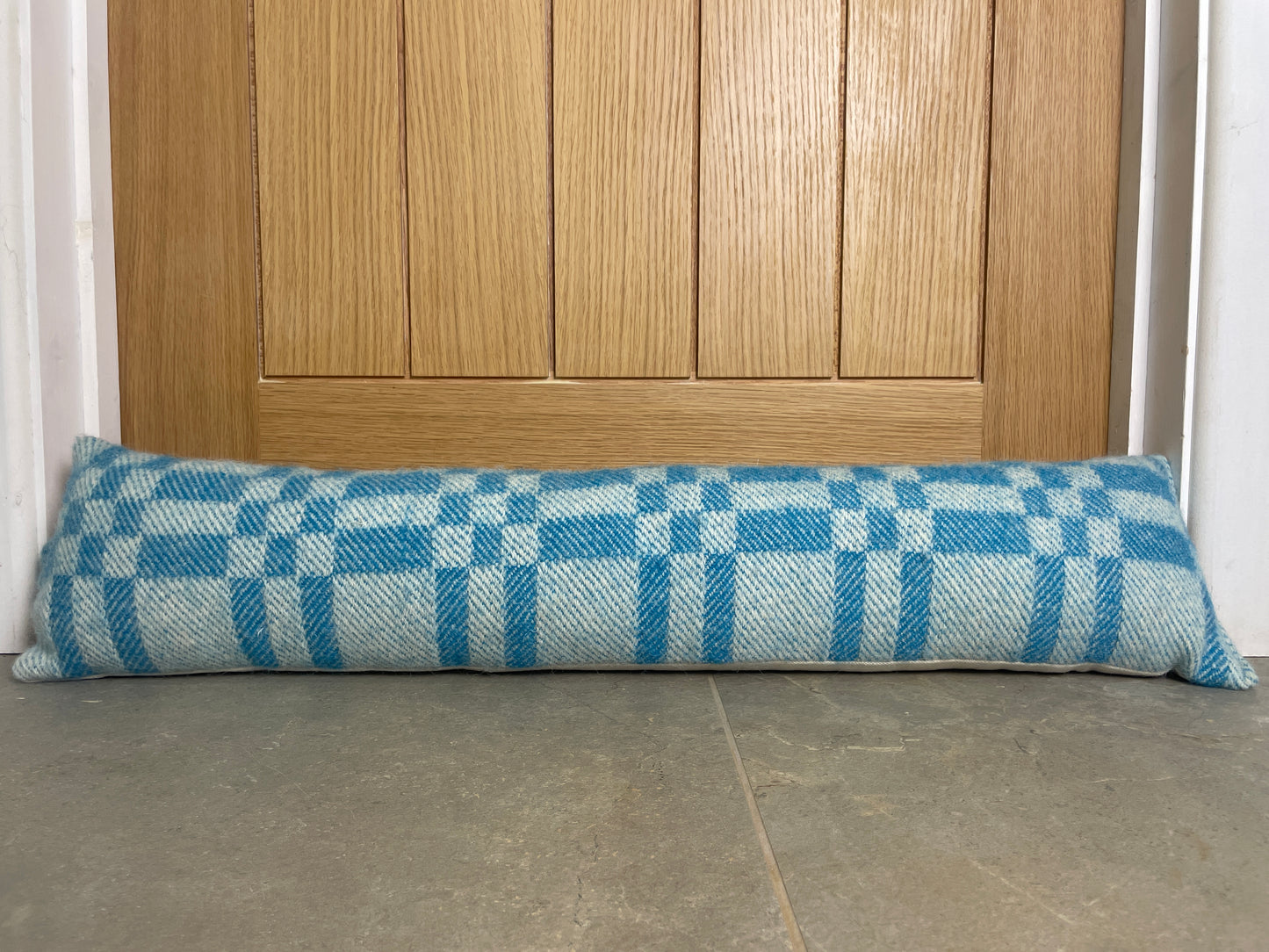 Pure Wool Draught Excluder (Sky Blue inverse Geometric)