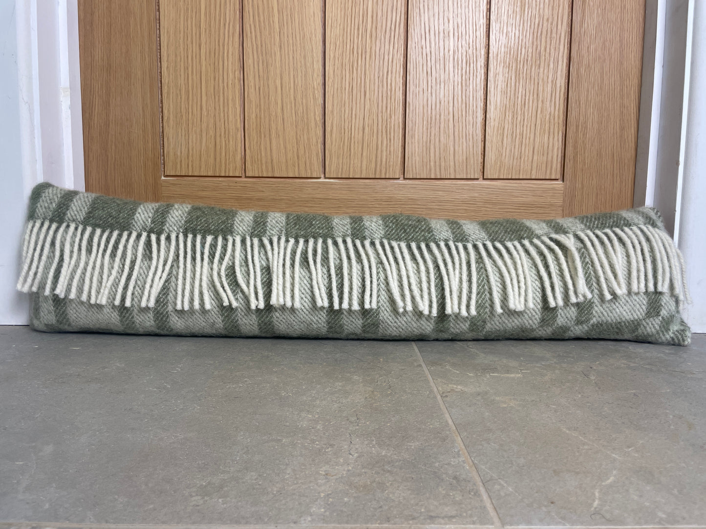 Pure Wool Draught Excluder (Moss Green Inverse Geometric w/Fringe)