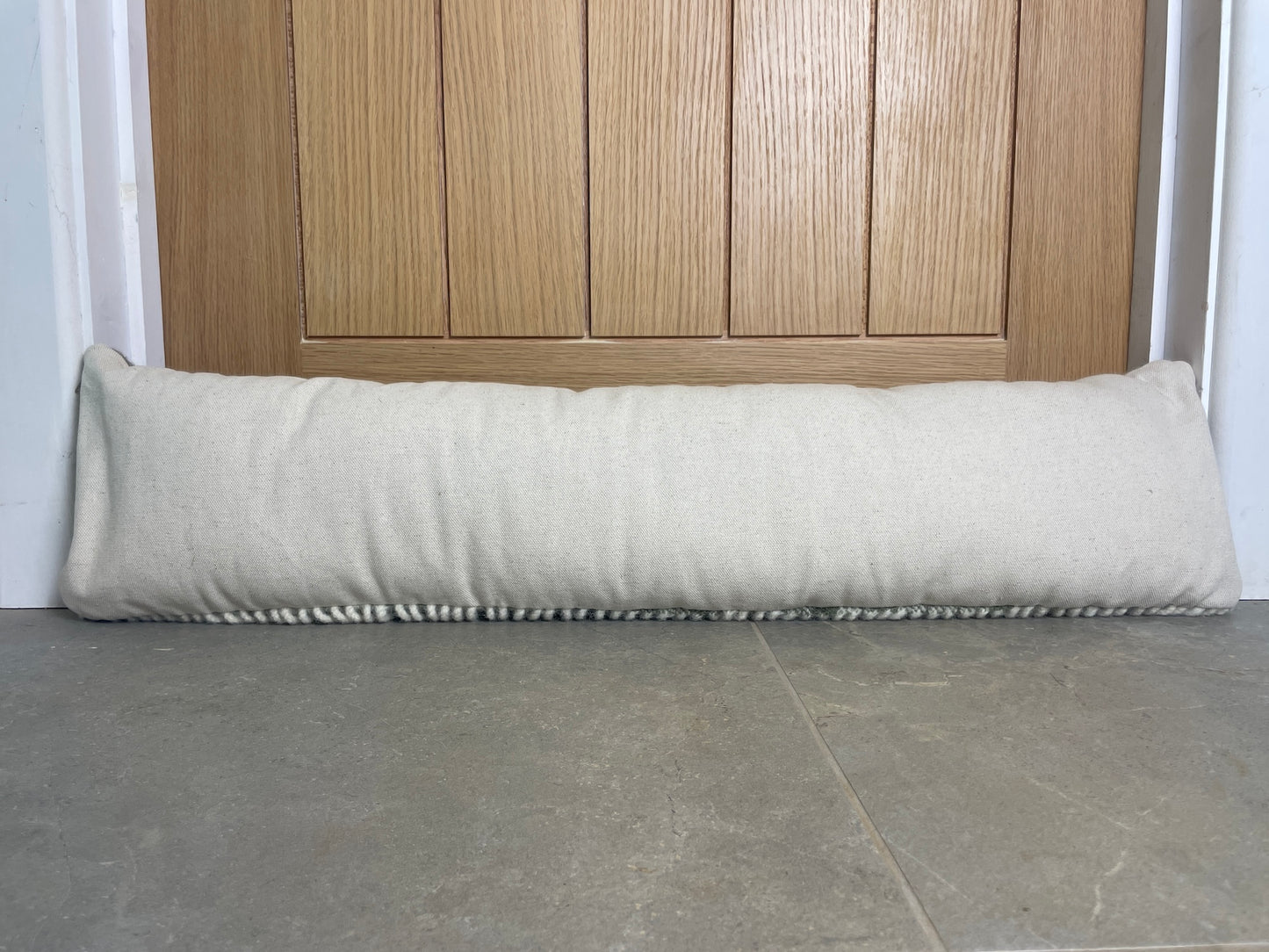 Pure Wool Draught Excluder (Moss Green Geometric w/Side Seam Fringe)