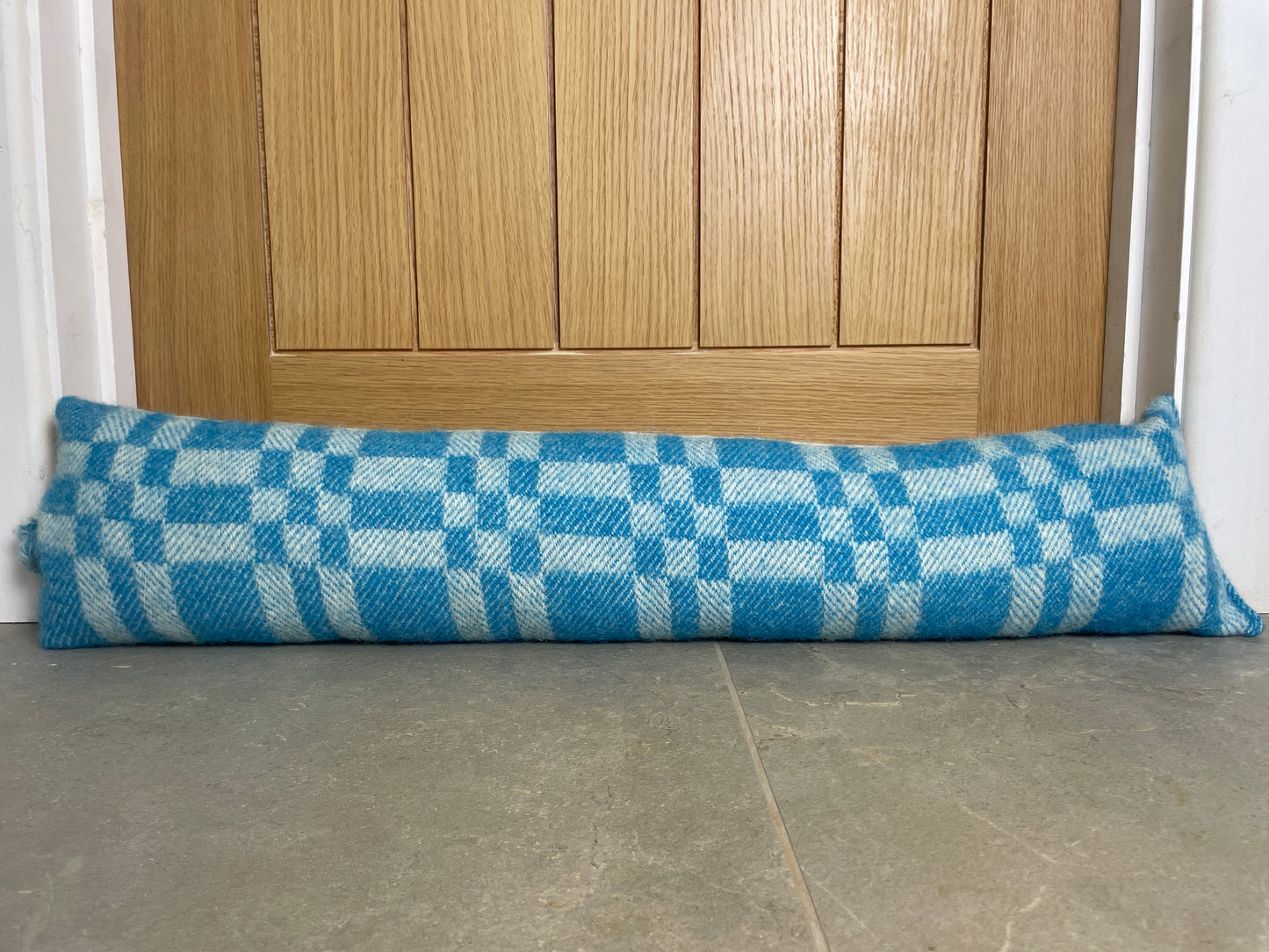 Pure Wool Draught Excluder (Sky Blue Geometric)
