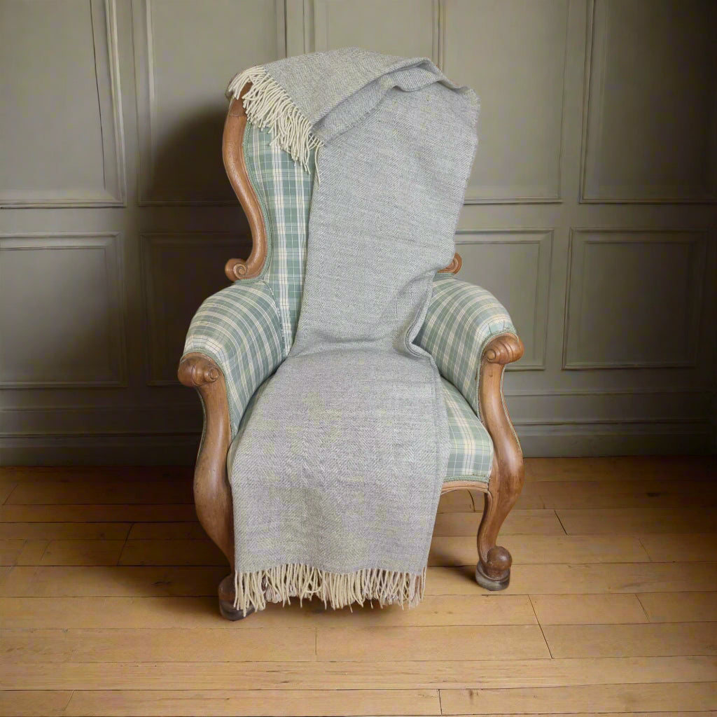 Pure Wool Throw Blanket | Herringbone | Pale Grey Haze