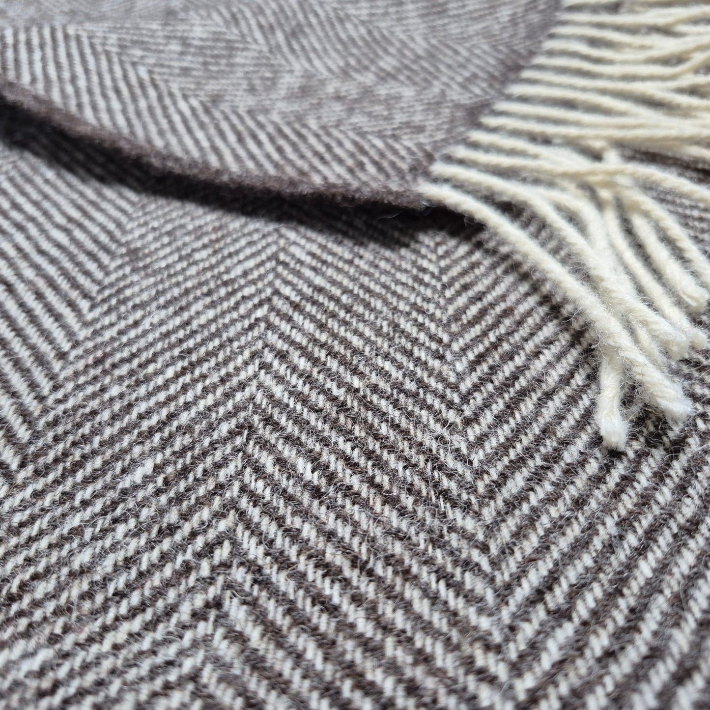 Pure Wool Throw Blanket | Herringbone | Dark Grey Natural