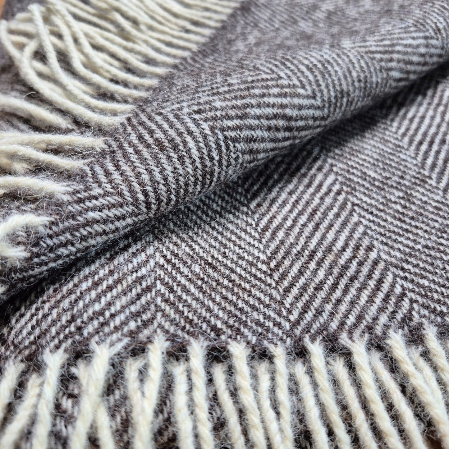Pure Wool Throw Blanket | Herringbone | Dark Grey Natural