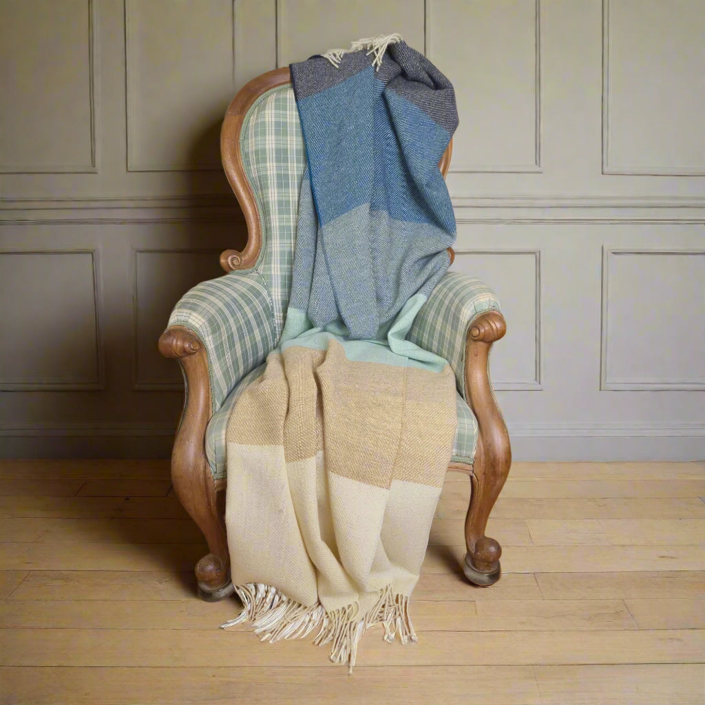 Pure British Wool Blanket Throw | Coastline Block Stripe