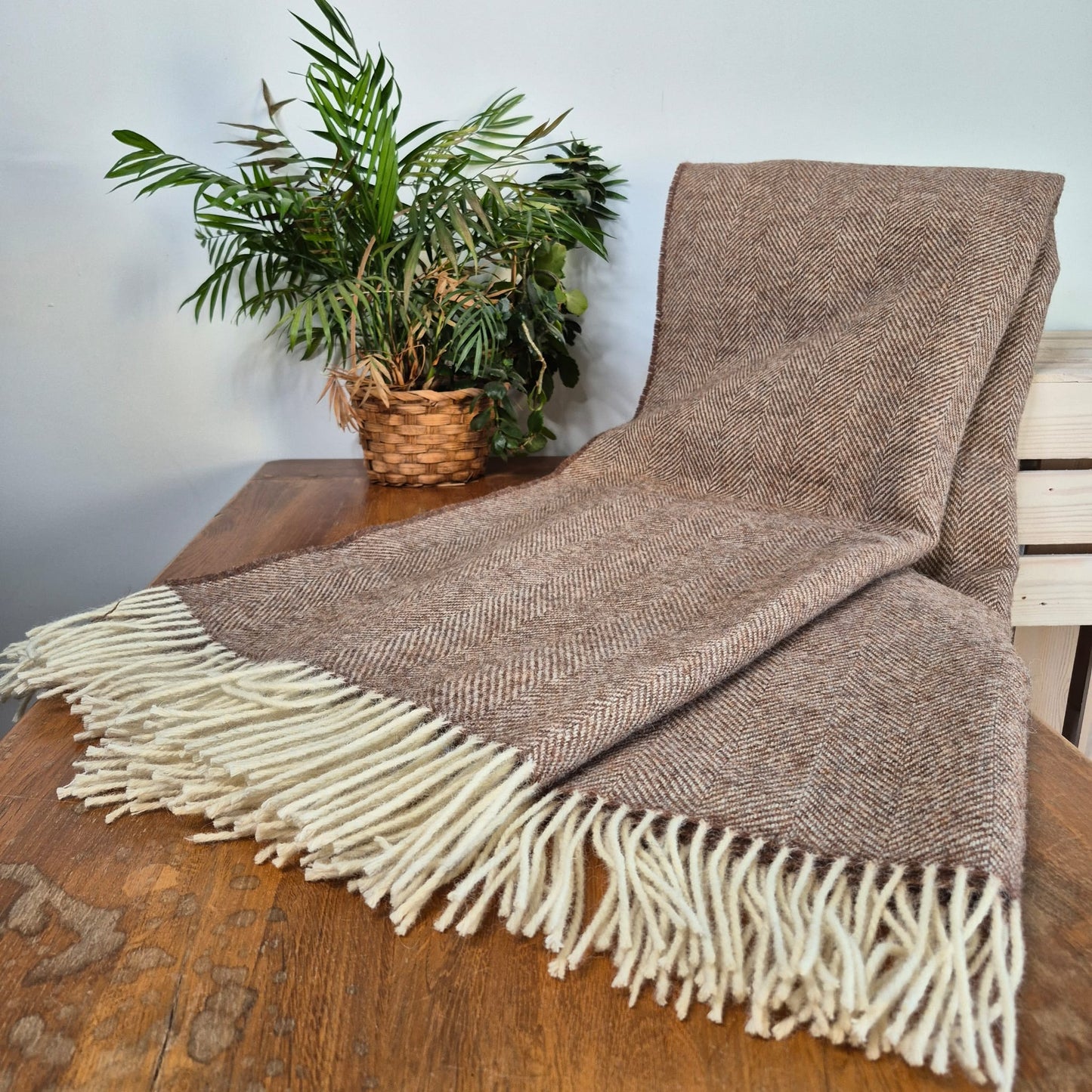 Pure Wool Throw Blanket | Herringbone | Cotswold Brown