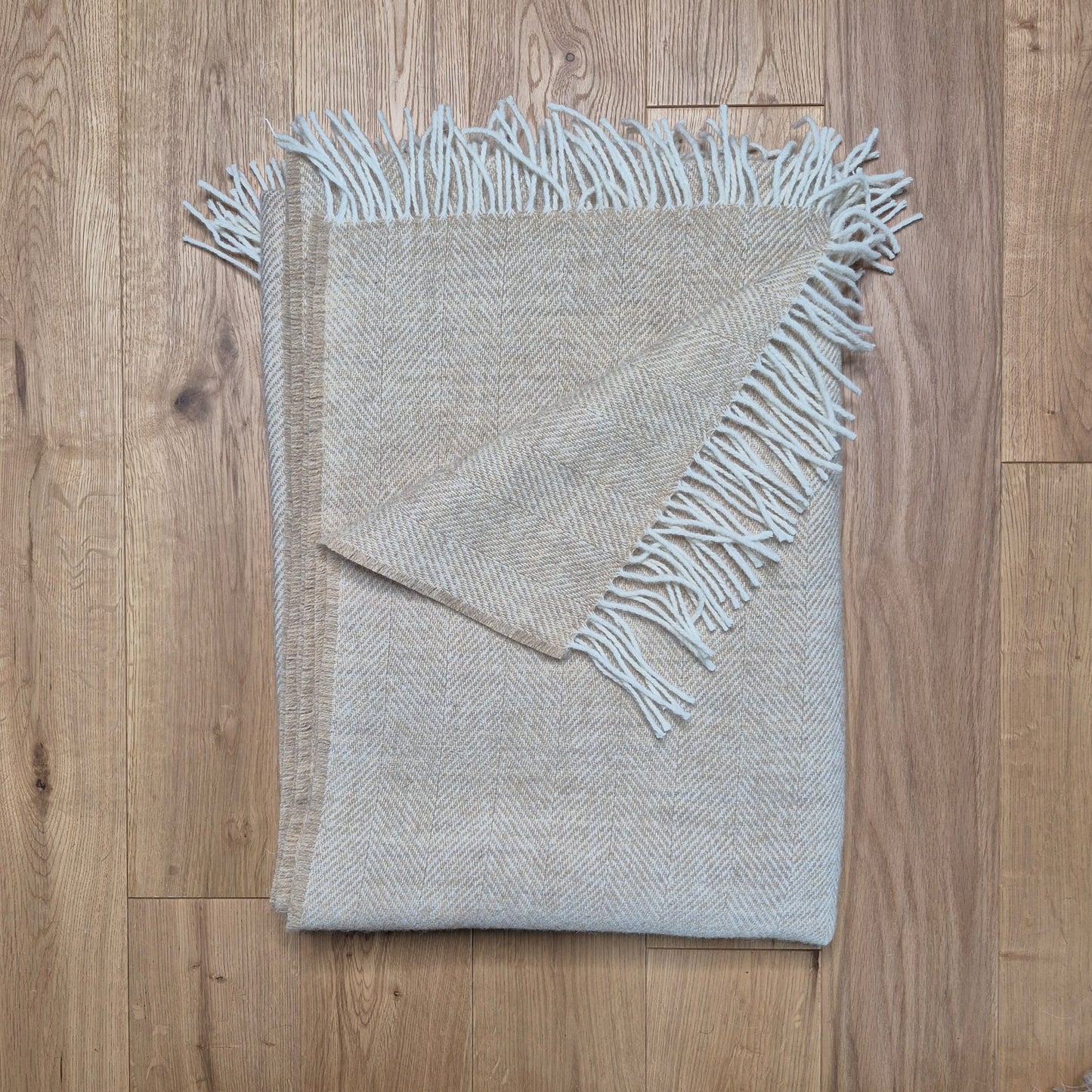Pure Wool Throw Blanket | Herringbone | Moorland Grass / Taupe