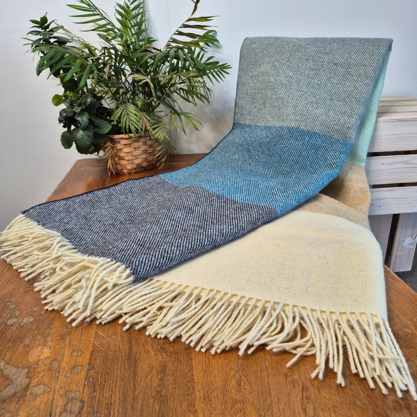 Pure British Wool Blanket Throw | Coastline Block Stripe