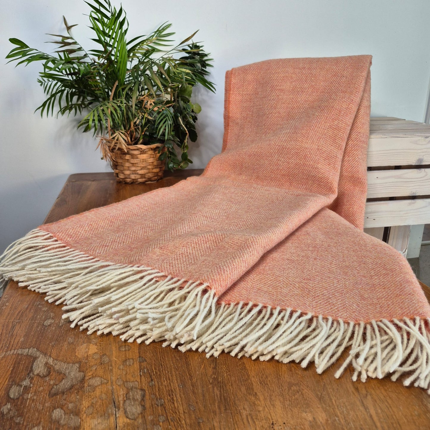 Pure Wool Throw Blanket | Herringbone | August Peach