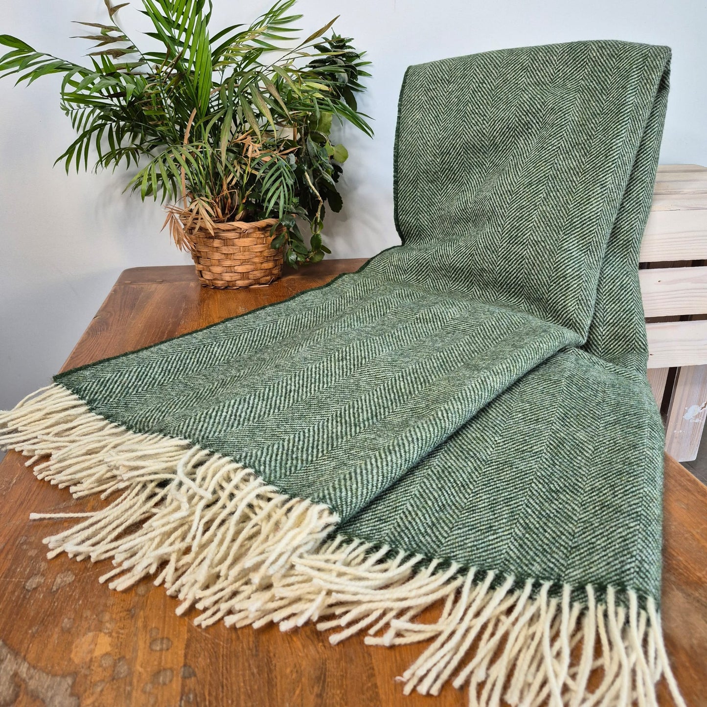 Pure Wool Throw Blanket | Herringbone | Celtic Green