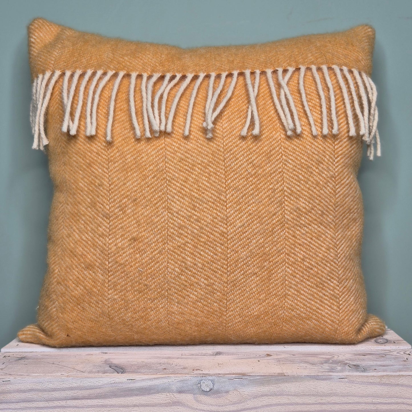 Pure Wool Cushion | Burnt Orange Herringbone w/Fringe