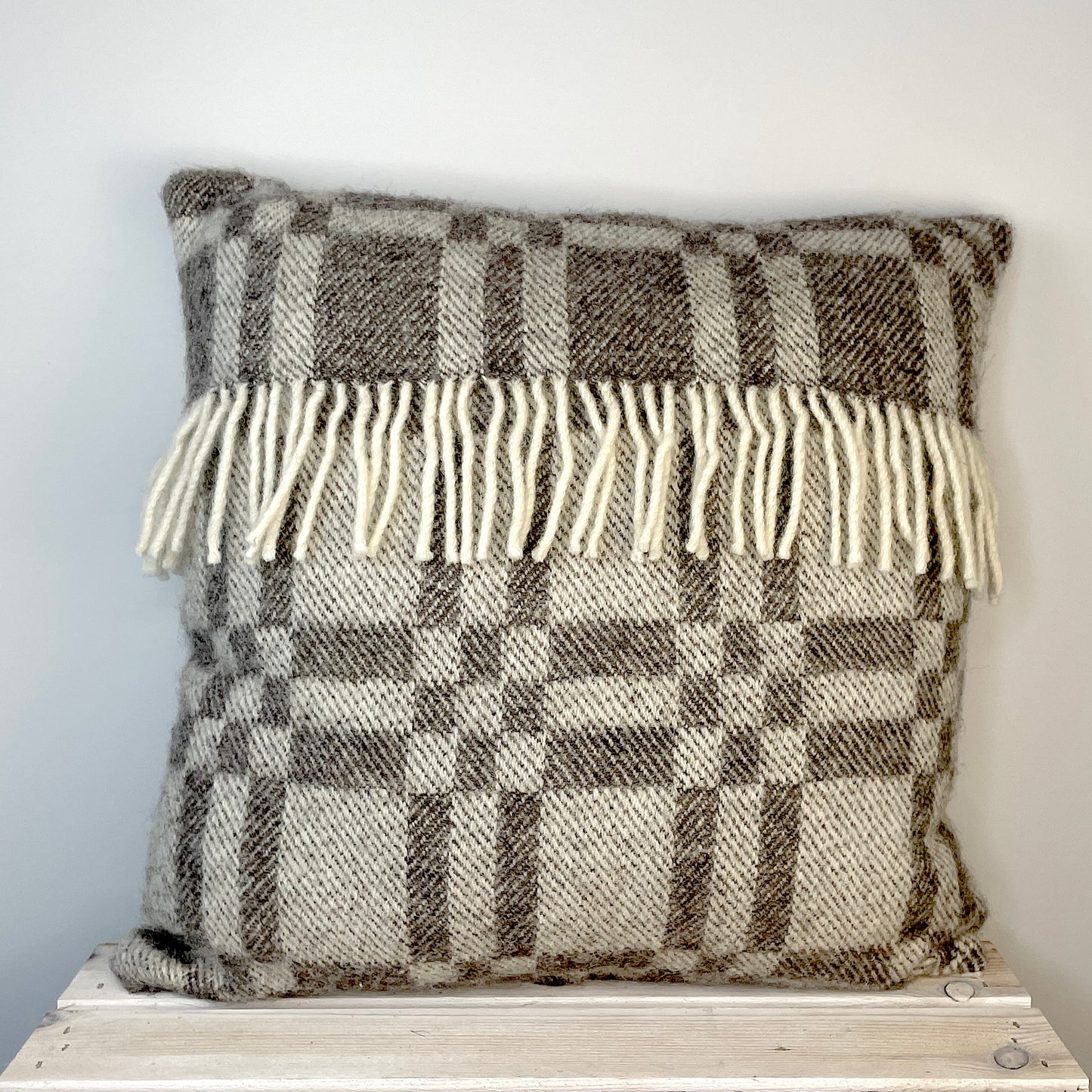 Pure Wool Cushion | Grey Inverse Geometric w/Fringe