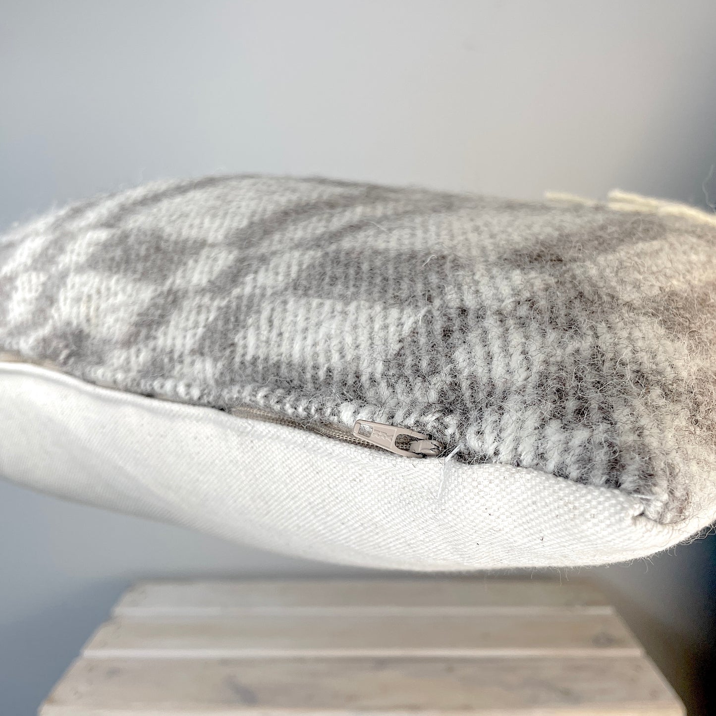 Pure Wool Cushion | Grey Inverse Geometric w/Fringe