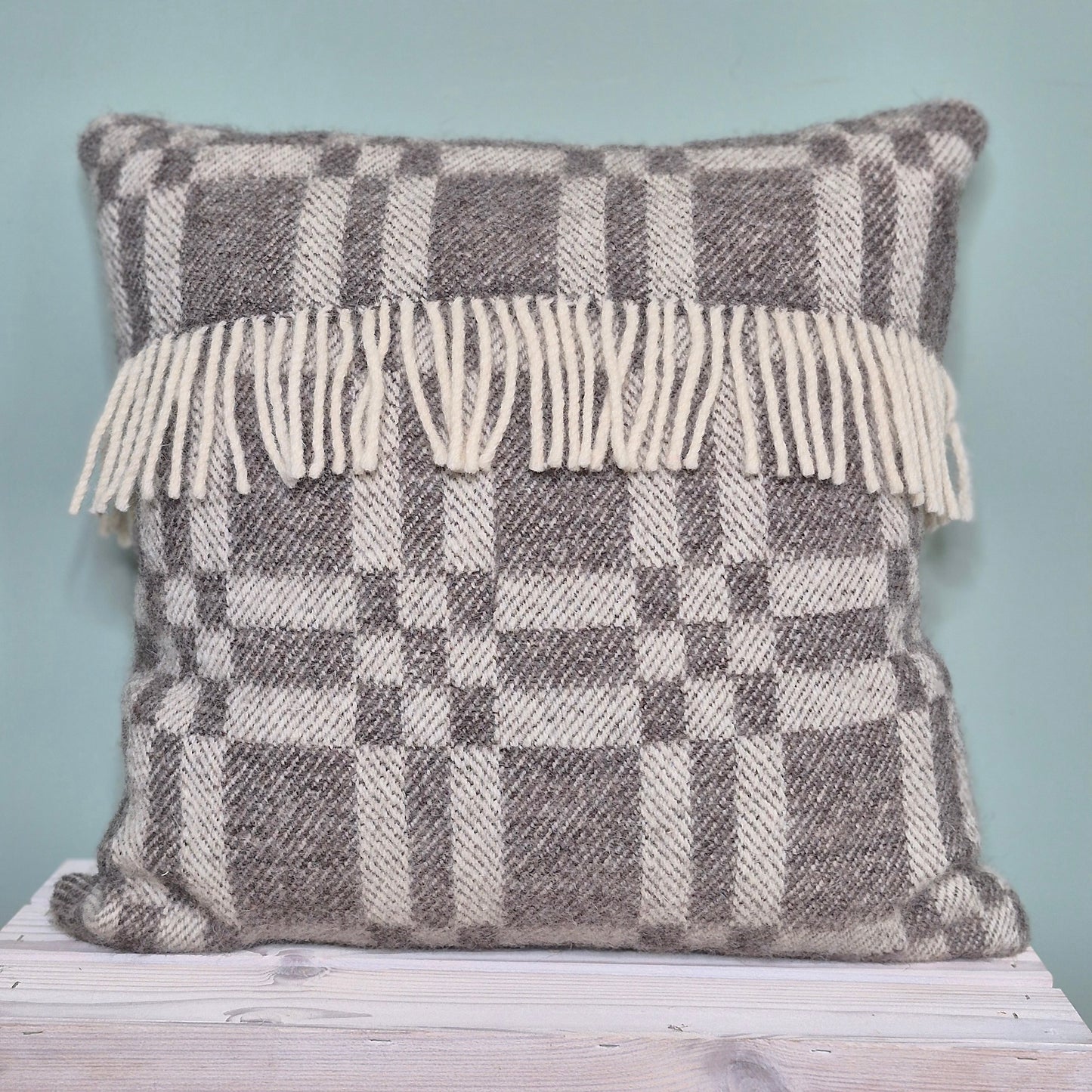 Pure Wool Cushion | Grey Geometric w/Fringe