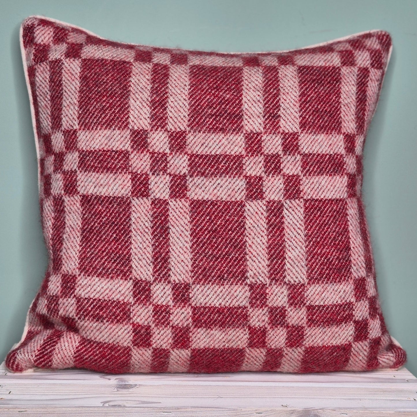 Pure Wool Cushion | Red Inverse Geometric Squares w/Piped Edging