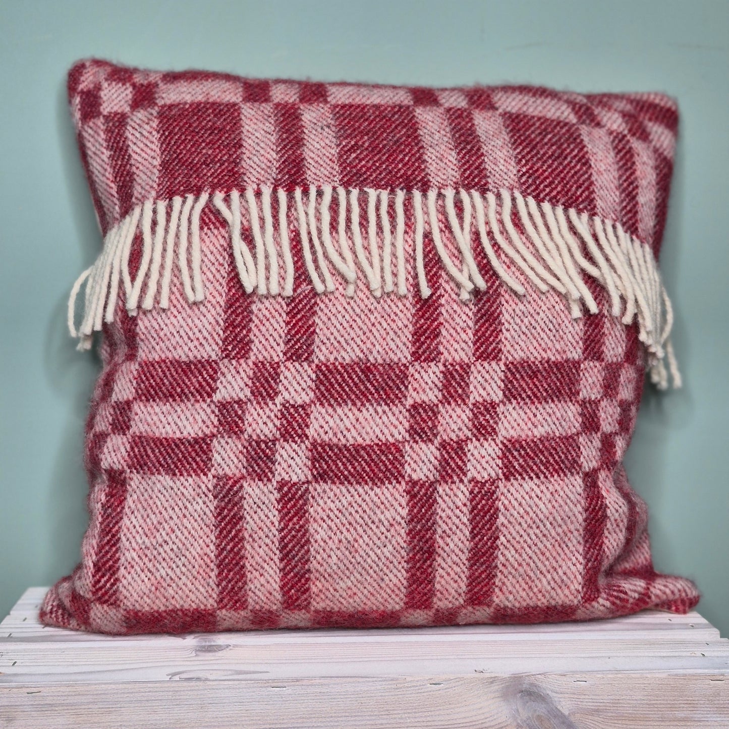 Pure Wool Cushion | Red Inverse Geometric Squares w/Fringe