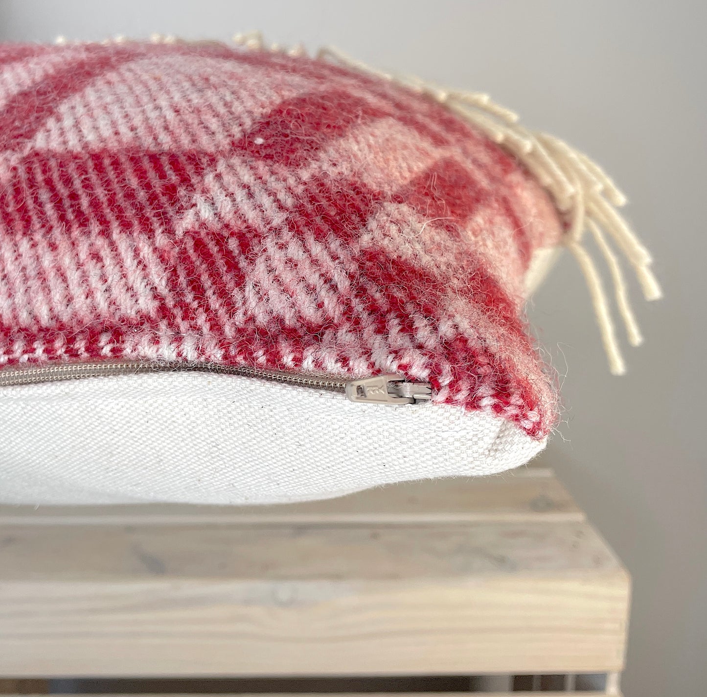 Pure Wool Cushion | Red Inverse Geometric Squares w/Fringe