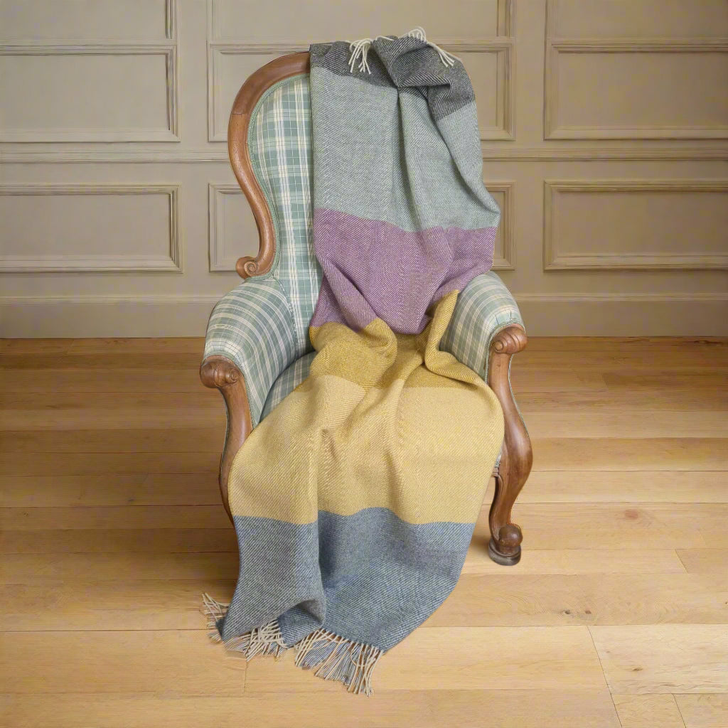Pure British Wool Blanket Throw | Dartmoor Spring Block Stripe