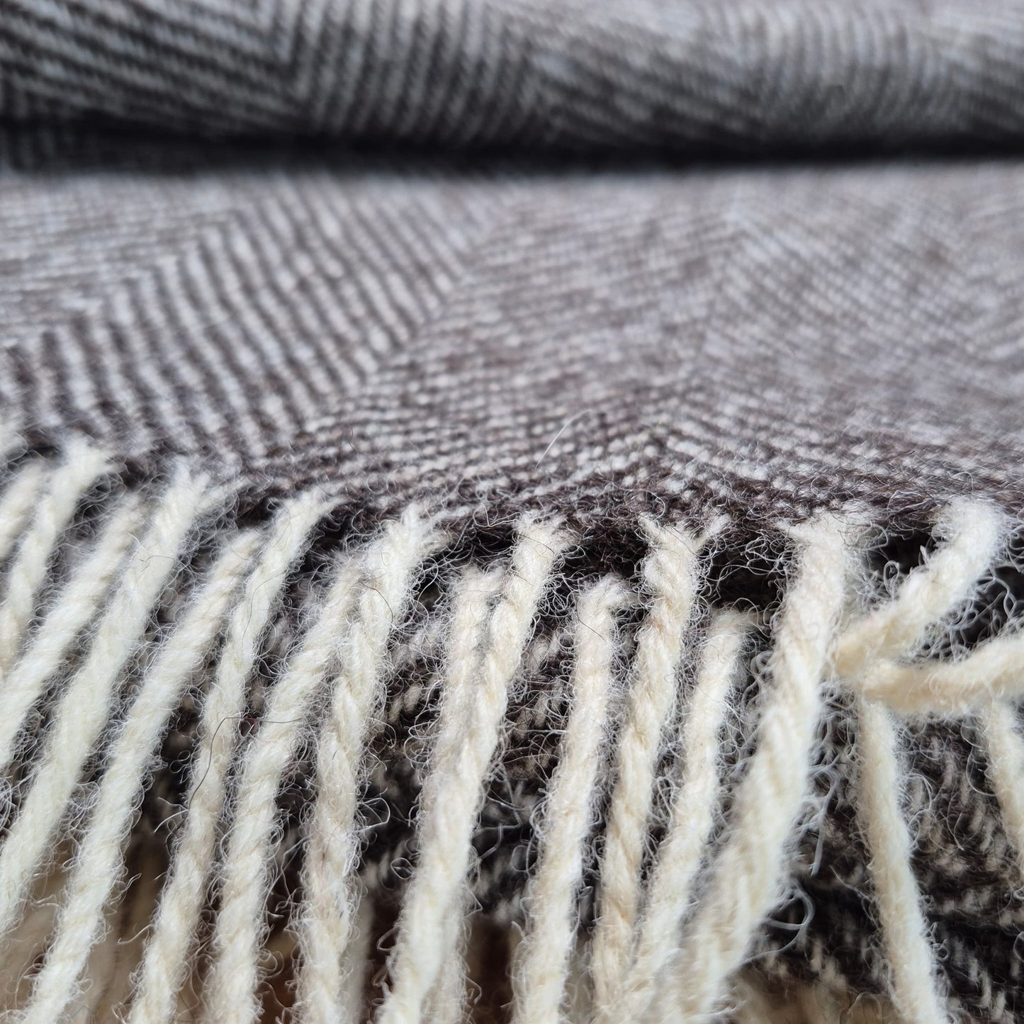 Pure Wool Throw Blanket | Herringbone | Dark Grey Natural