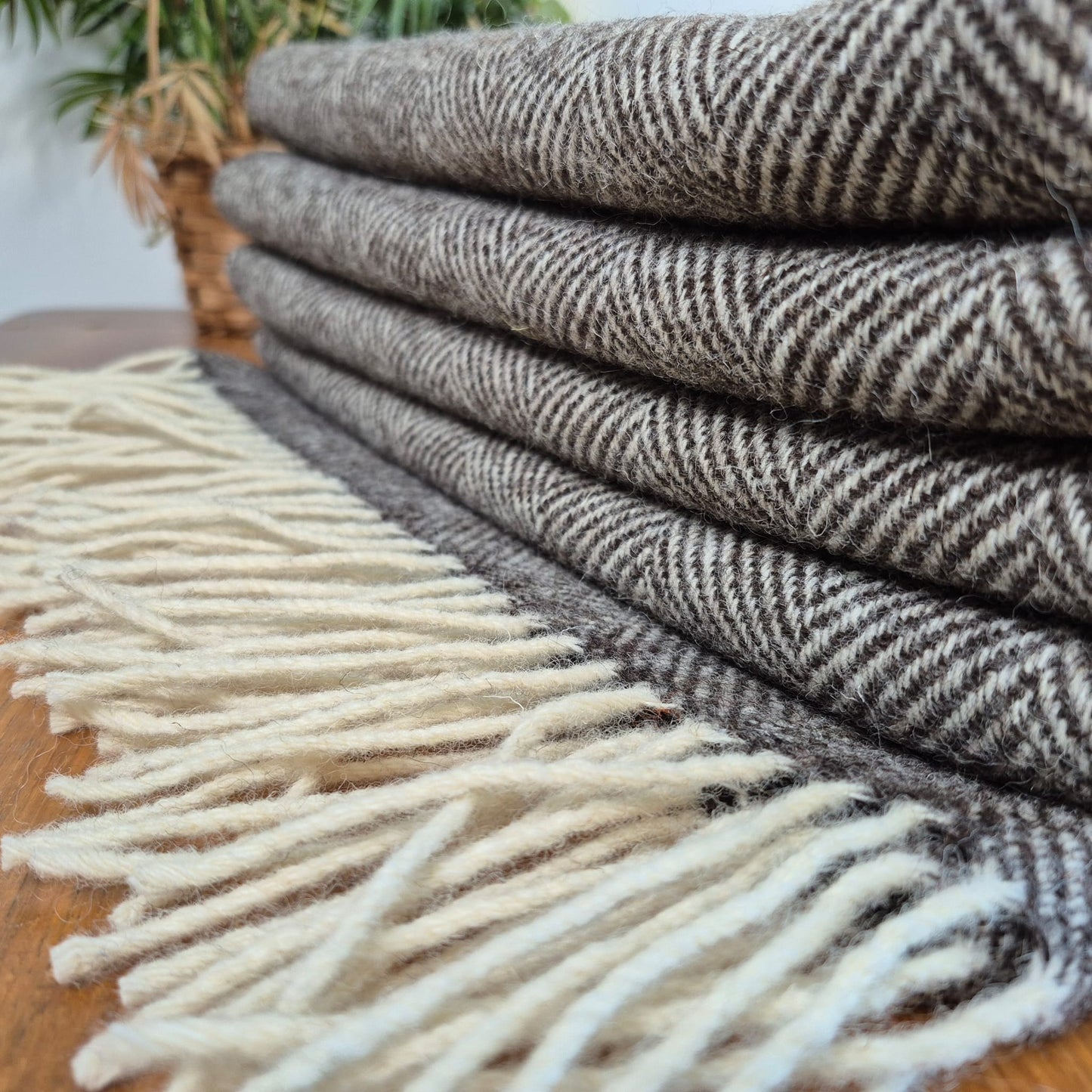 Pure Wool Throw Blanket | Herringbone | Dark Grey Natural