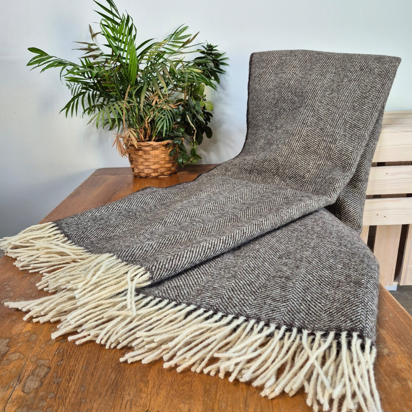 Pure Wool Throw Blanket | Herringbone | Dark Grey Natural