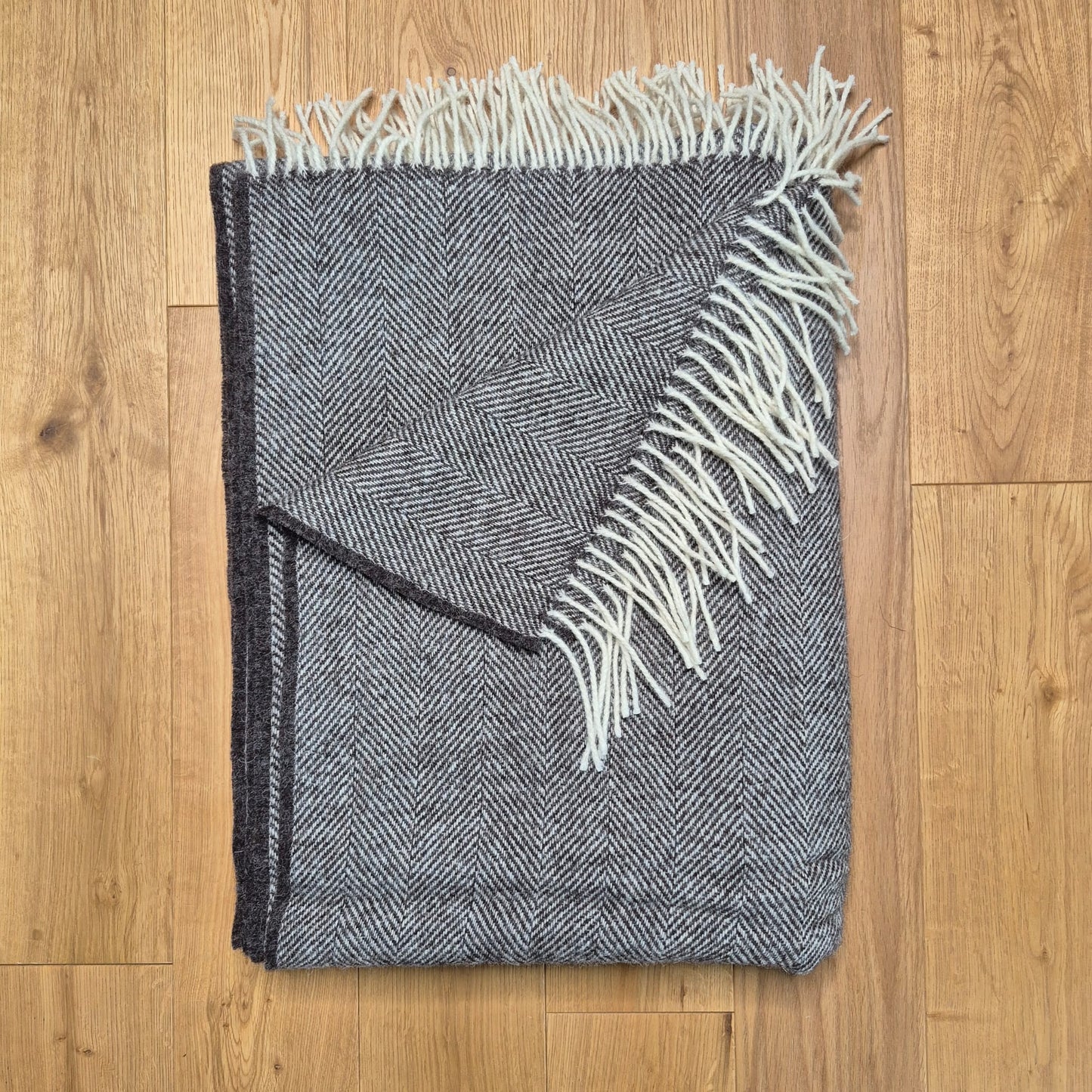 Pure Wool Throw Blanket | Herringbone | Dark Grey Natural