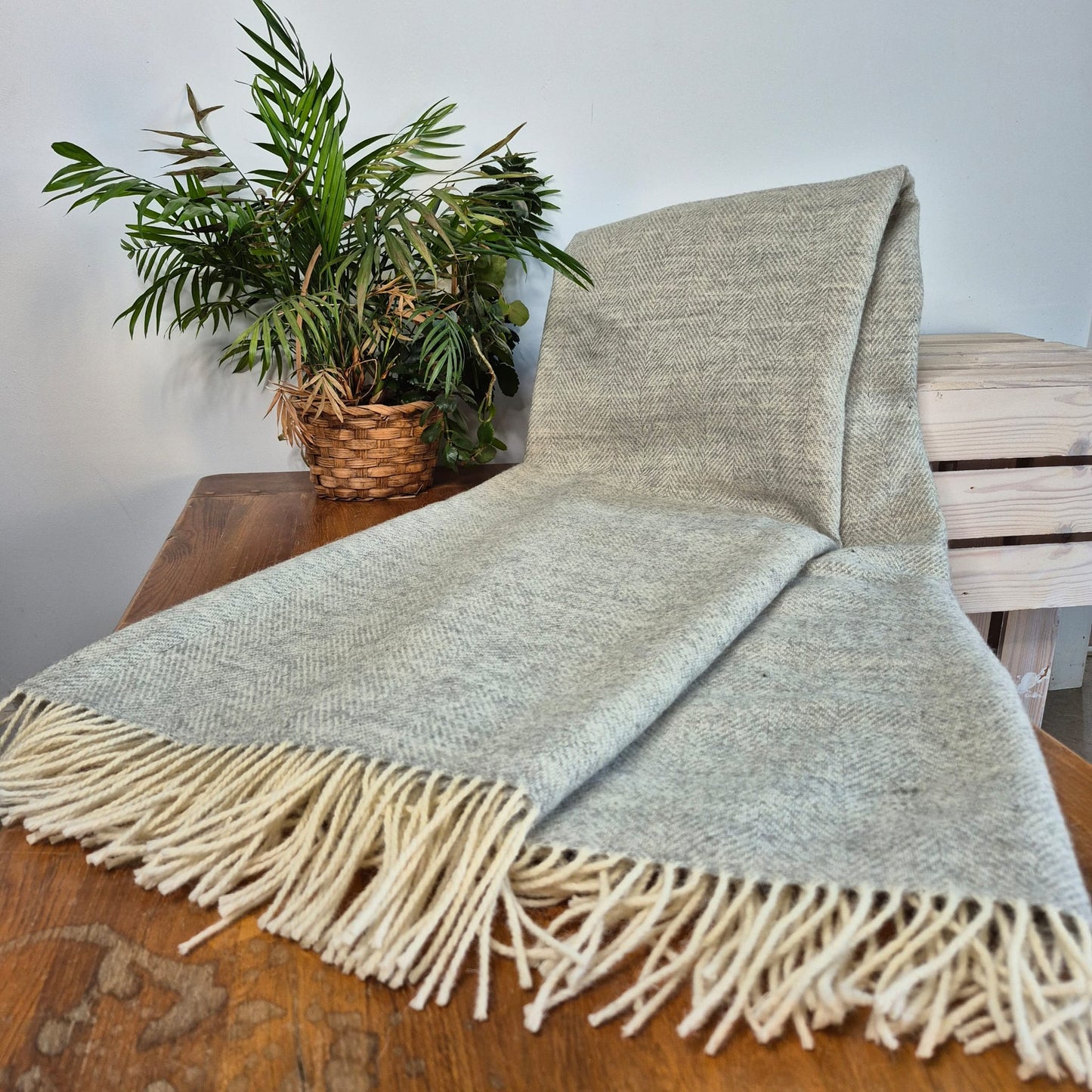 Pure Wool Throw Blanket | Herringbone | Pale Grey Haze