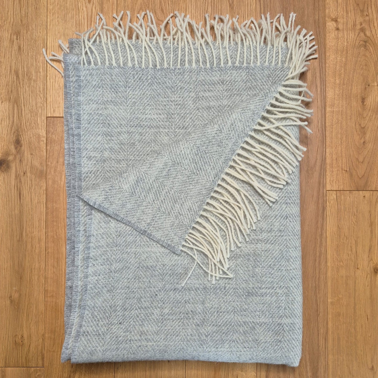 Pure Wool Throw Blanket | Herringbone | Pale Grey Haze