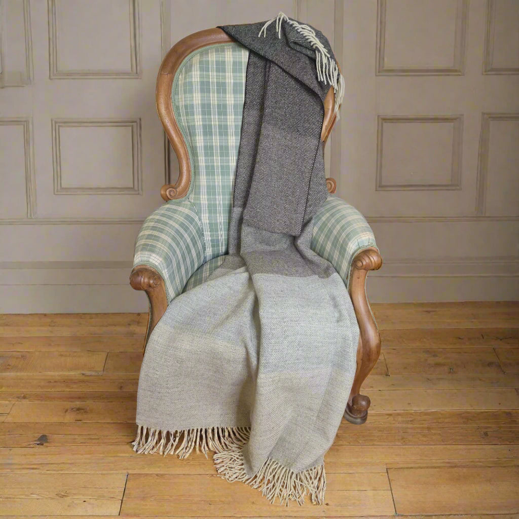 Pure British Wool Blanket Throw | Herdwick Grey Block Stripe