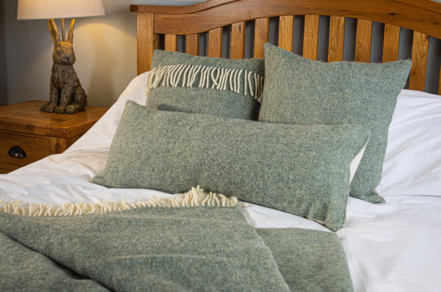Pure Wool Cushions & Throw Matching Set | Moss Green