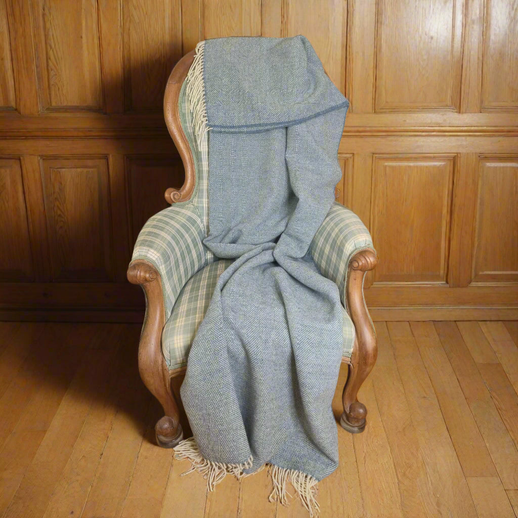 Pure Wool Throw Blanket | Herringbone | Summerstorm Blue