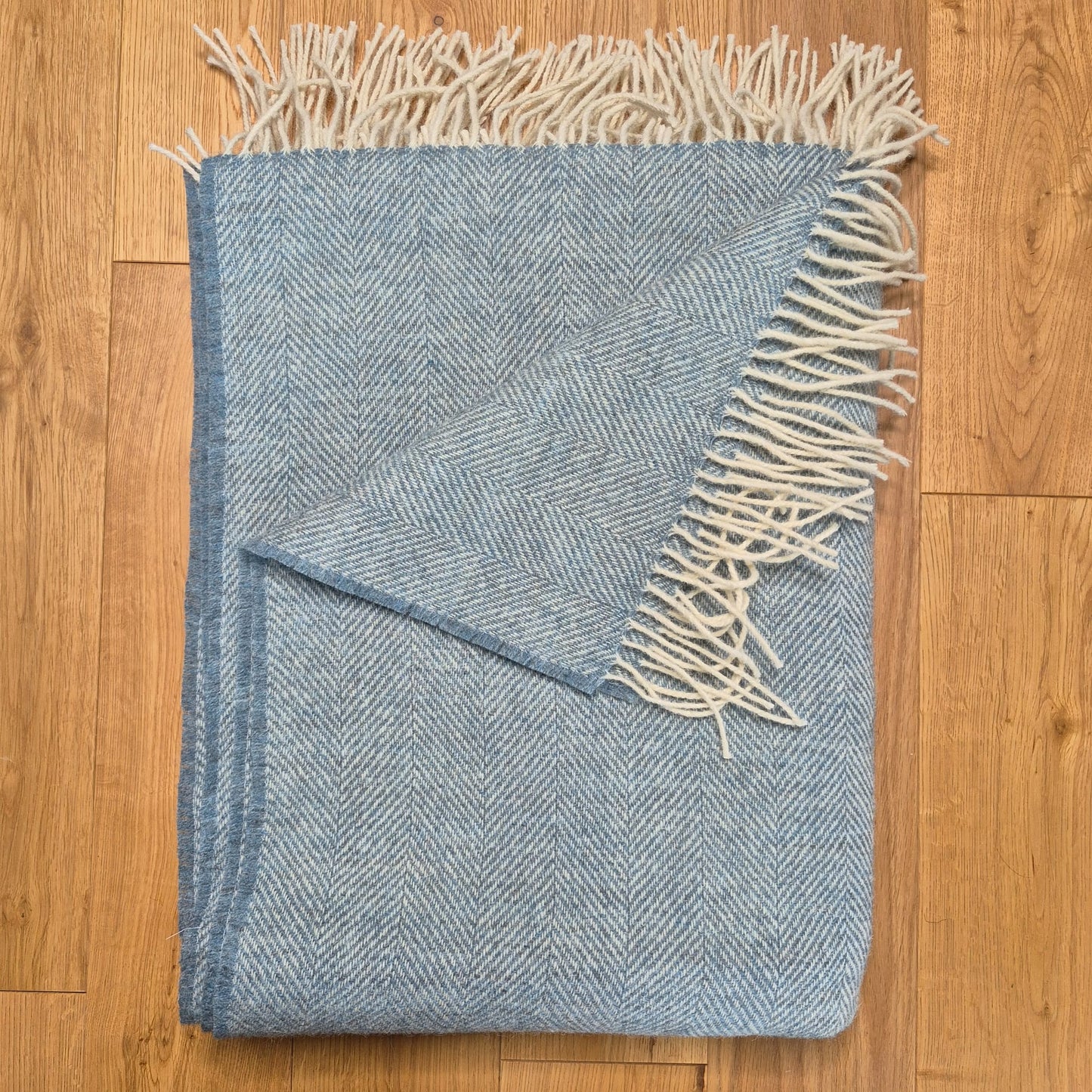 Pure Wool Throw Blanket | Herringbone | Summerstorm Blue