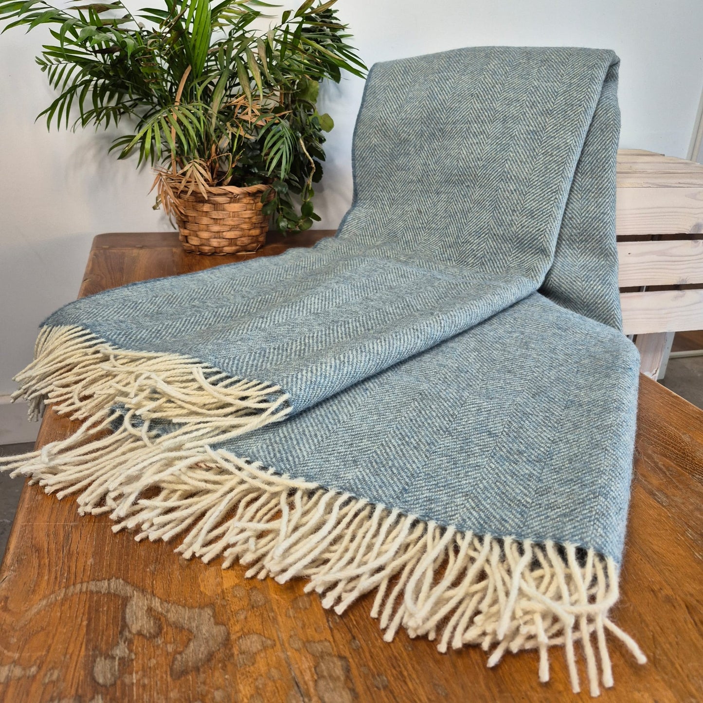Pure Wool Throw Blanket | Herringbone | Summerstorm Blue