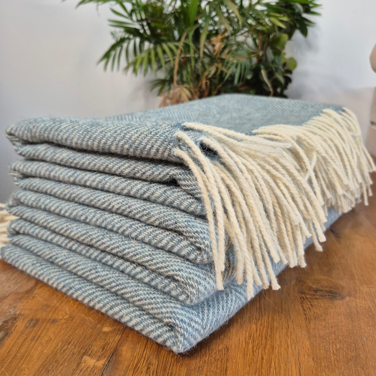 Pure Wool Throw Blanket | Herringbone | Summerstorm Blue