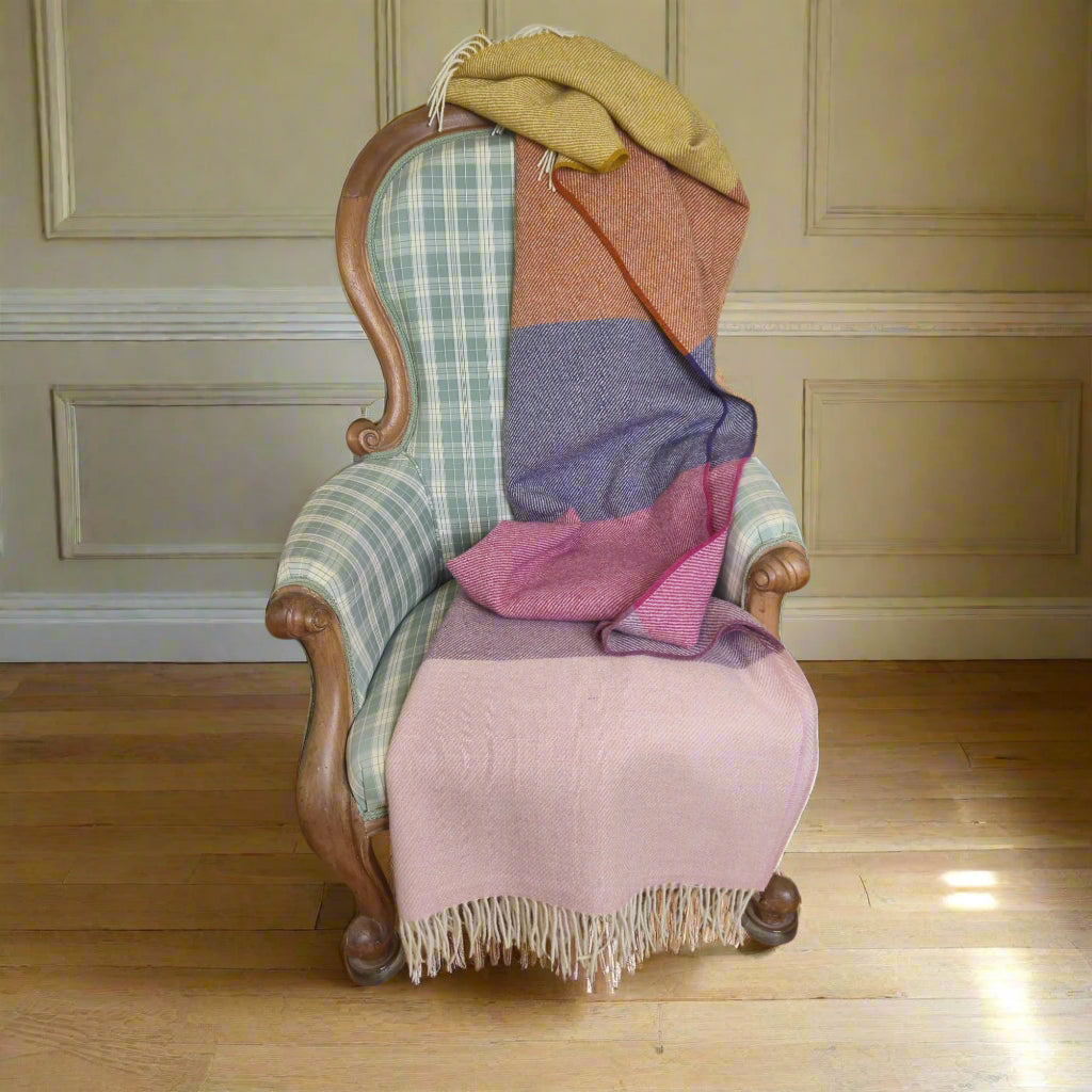 Pure British Wool Blanket Throw | Salcombe Sunset Block Stripe