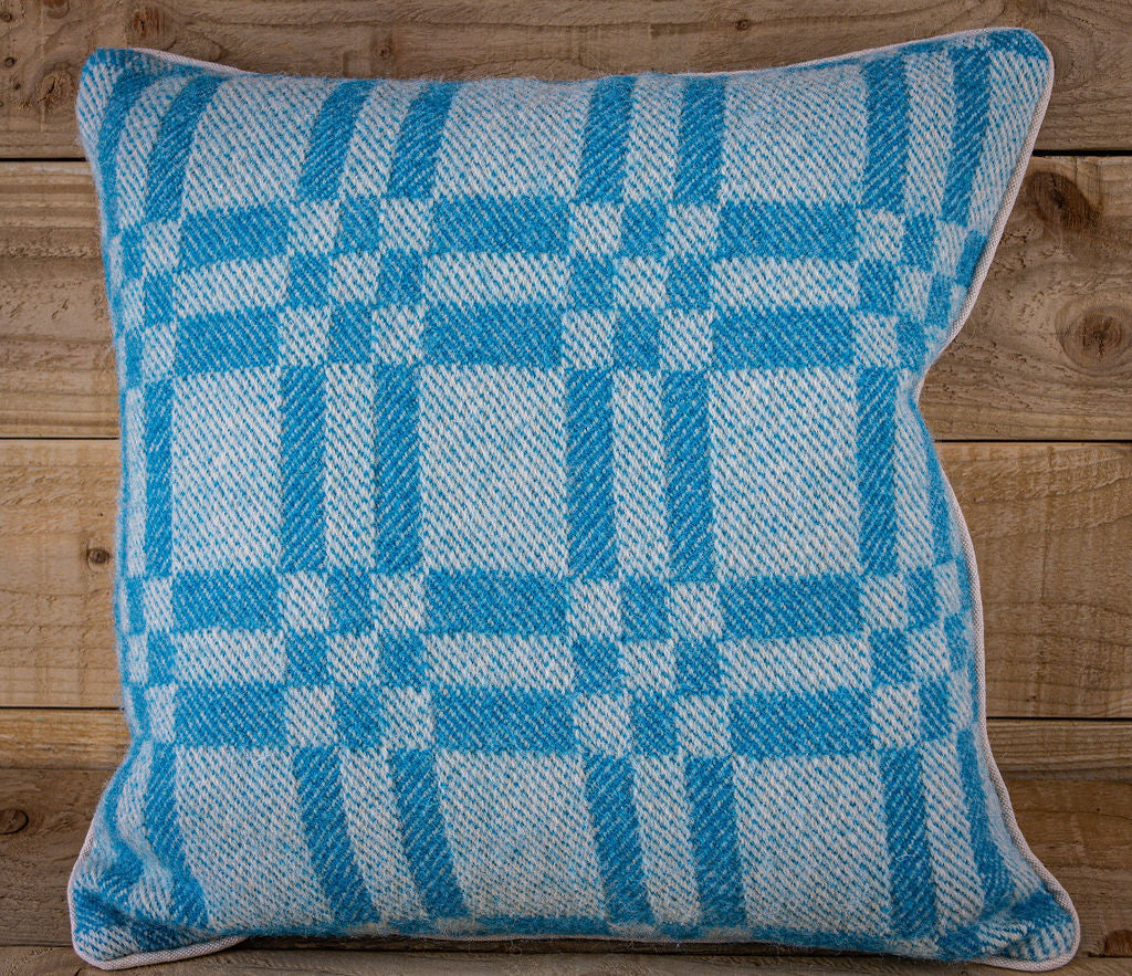 Pure Wool Cushion | Sky Blue Inverse Geometric Squares