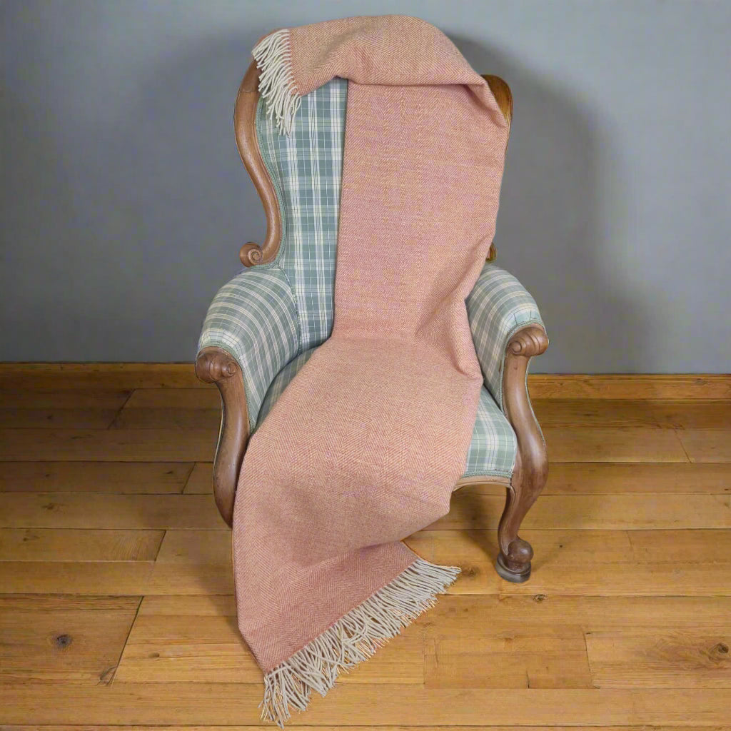 Pure Wool Throw Blanket | Herringbone | August Peach