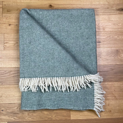 Pure Wool Herringbone Throw Blanket (Sea Green, Size: 200x146cm)