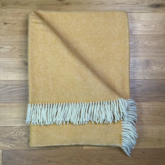 Pure Wool Herringbone Throw Blanket (Mustard, Size: 200x146cm)