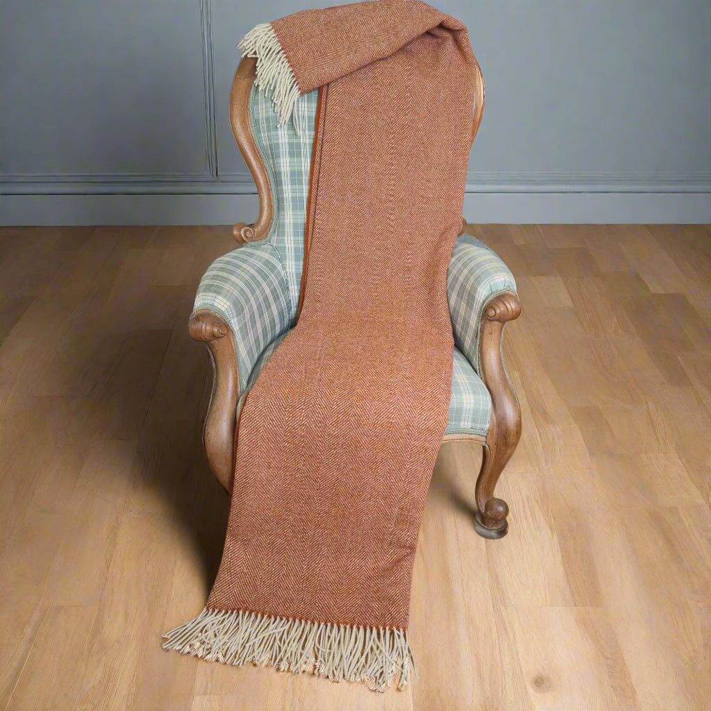 Pure Wool Throw Blanket | Herringbone | Burnt Orange