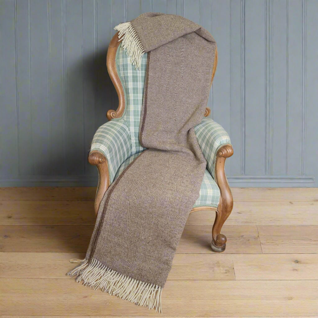 Pure Wool Throw Blanket | Herringbone | Cotswold Brown