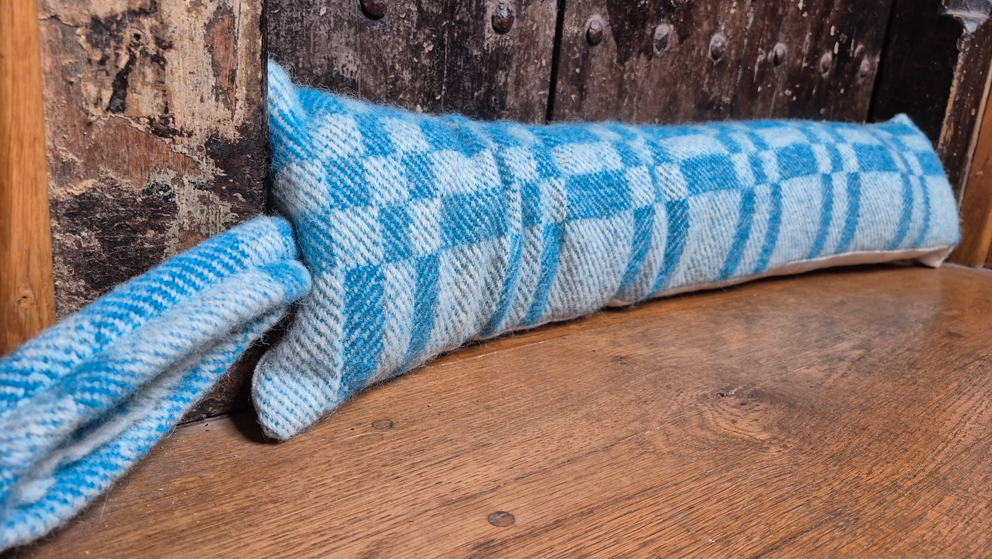 Pure Wool Draught Excluder (Sky Blue inverse Geometric)