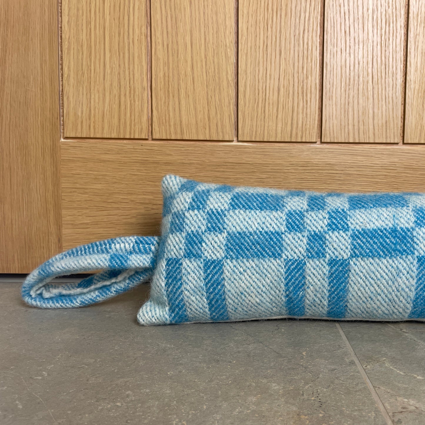 Pure Wool Draught Excluder (Sky Blue inverse Geometric)