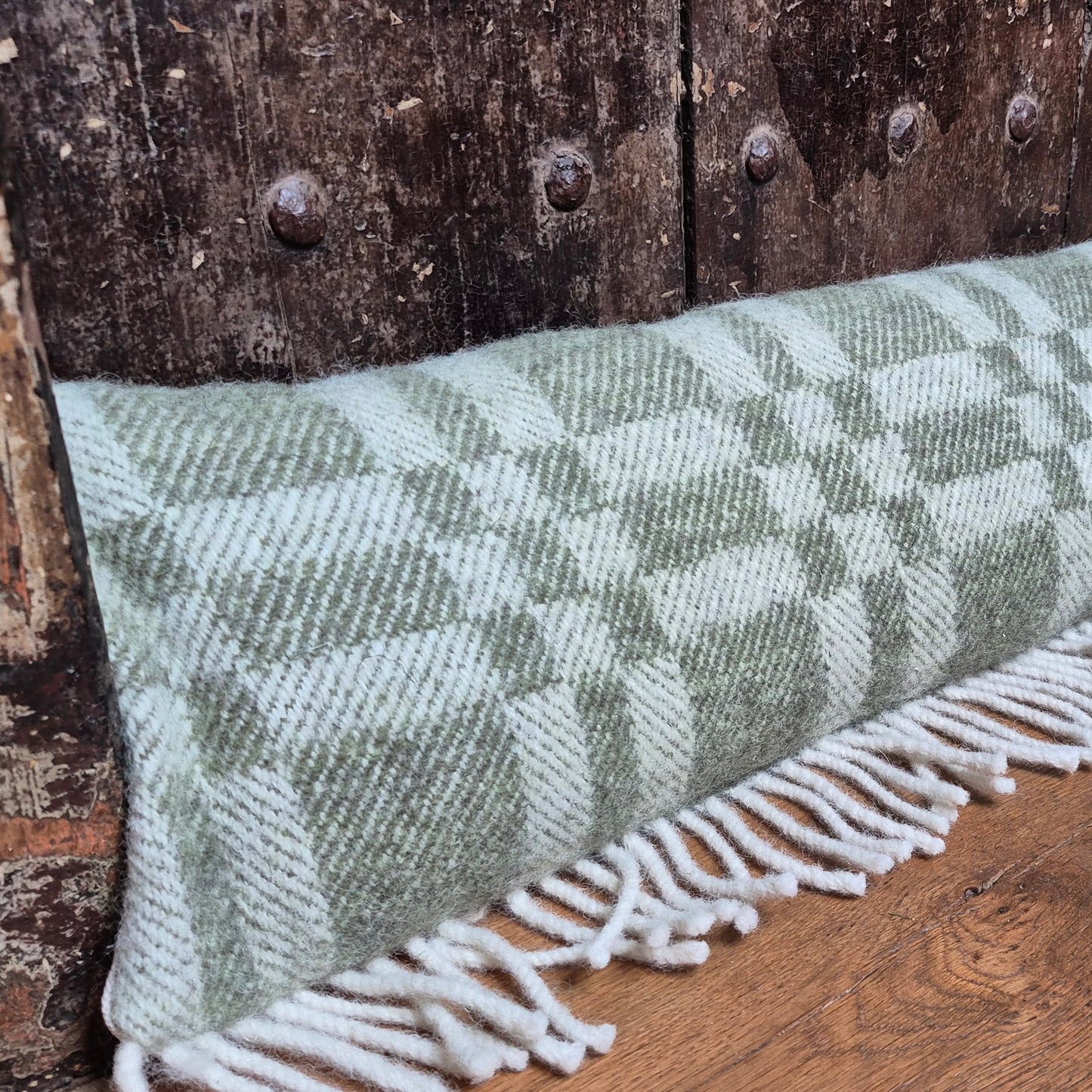 Pure Wool Draught Excluder (Moss Green Geometric w/Side Seam Fringe)