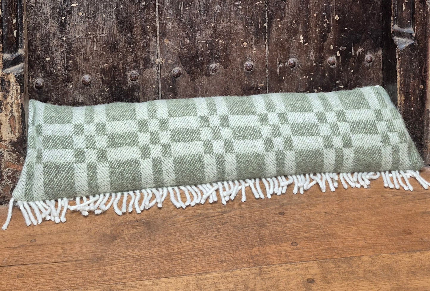 Pure Wool Draught Excluder (Moss Green Geometric w/Side Seam Fringe)