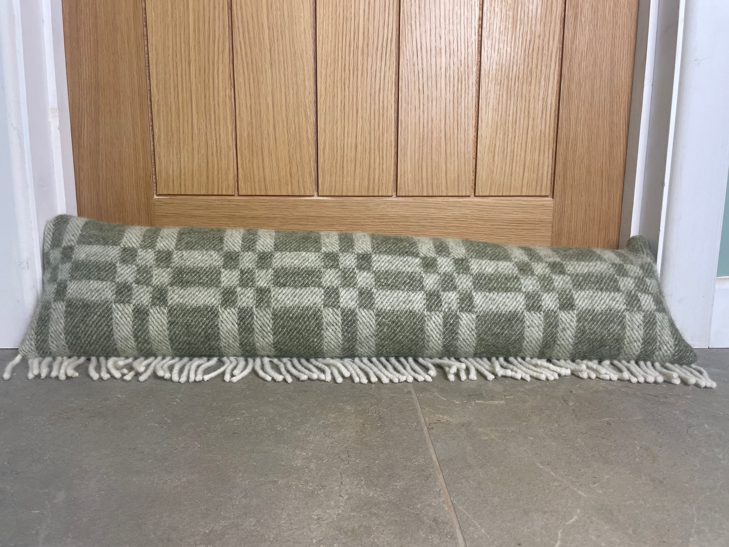 Pure Wool Draught Excluder (Moss Green Geometric w/Side Seam Fringe)