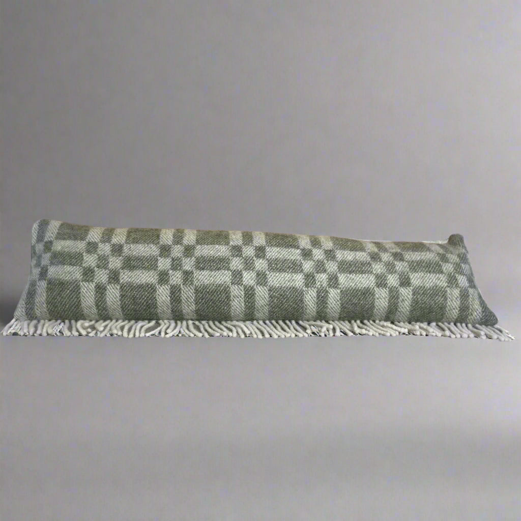 Pure Wool Draught Excluder (Moss Green Geometric w/Side Seam Fringe)