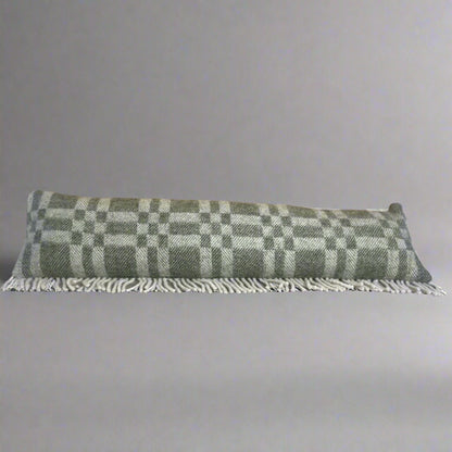 Pure Wool Draught Excluder (Moss Green Geometric w/Side Seam Fringe)