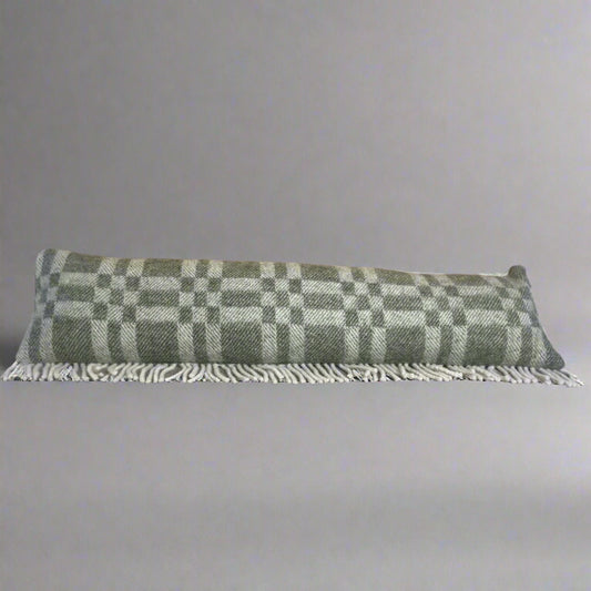 Pure Wool Draught Excluder (Moss Green Geometric w/Side Seam Fringe)