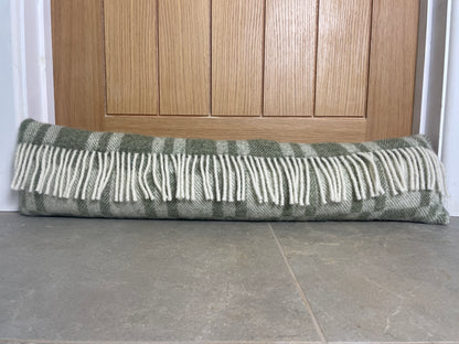 Pure Wool Draught Excluder (Moss Green Inverse Geometric w/Fringe)